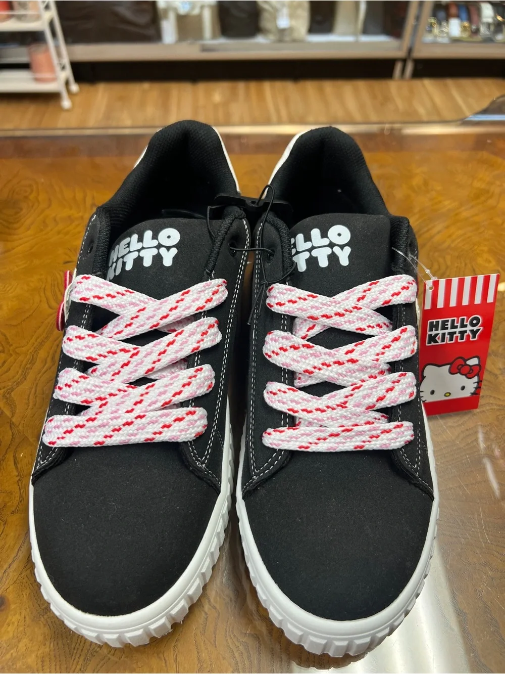 Hello Kitty Black Sneakers with Pink-White Patterned Laces